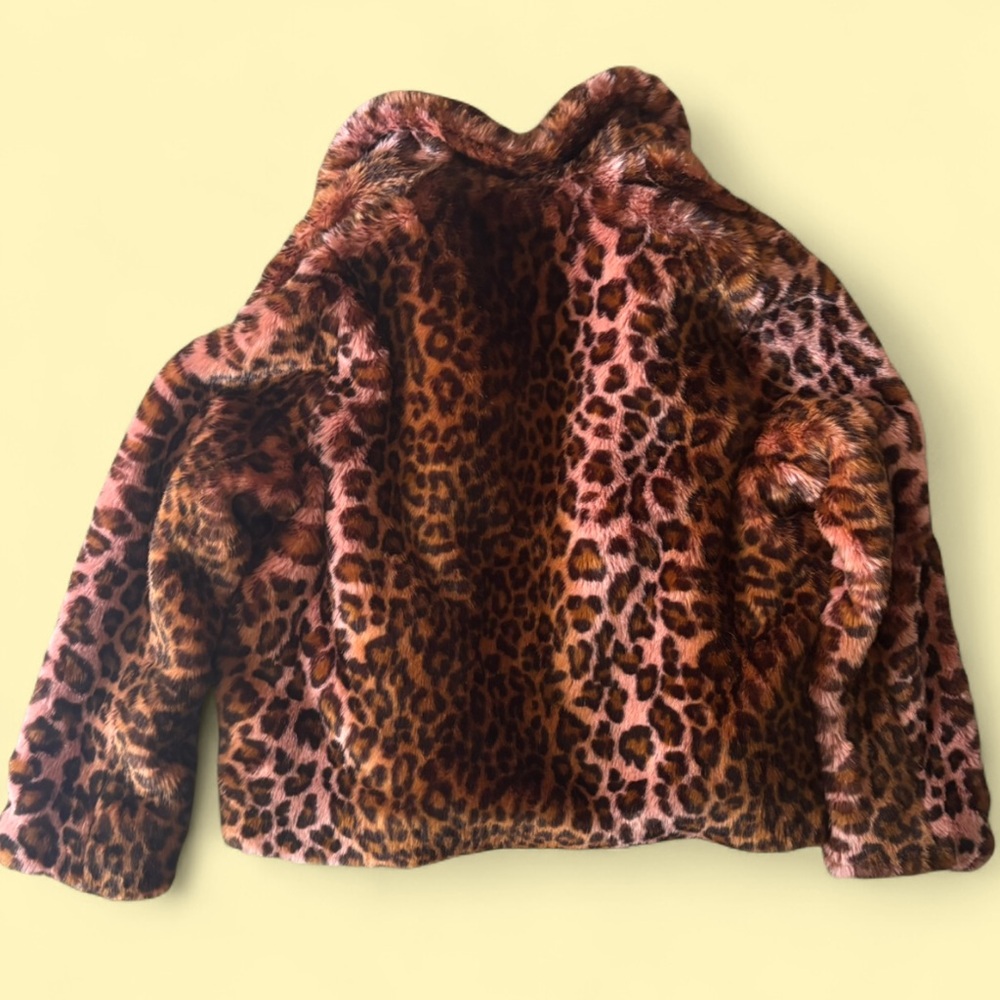 French Connection Girls' Leopard Faux Fur Pea Coat - Pink & Brown - Picture 3 of 5